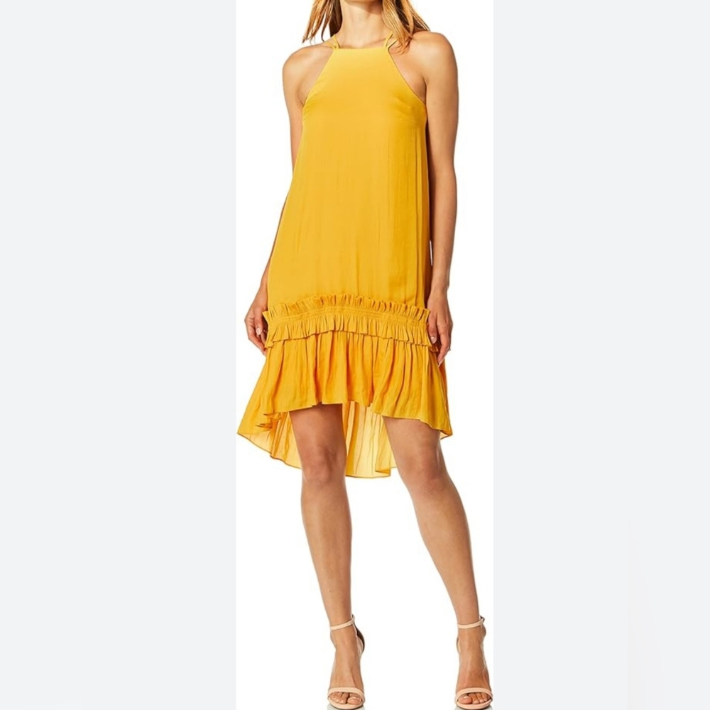 Halston Heritage Women Yellow Ruffled Sleeveless Dress High Low NWT Dress Size L